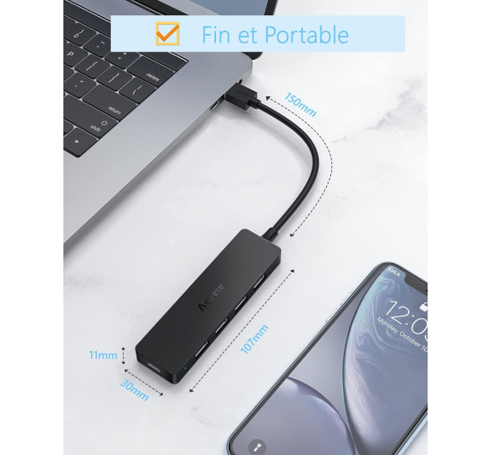 USB3.0 HUB Ultra Slim Aceele AC-T10 5портов (4 для данных, 1 для питания) - SuperSpeed ​​5 Гбит/с - для MacBook Air/Pro, черный (my-16096)