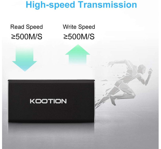 Зовнішній високошвидкісний SSD твердотілий накопичувач KOOTION на 250 ГБ швидкість читання до 500 МБ/с і записи до 450 МБ/с, чорний (my-16083)