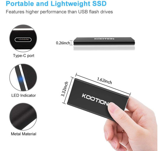 Зовнішній високошвидкісний SSD твердотілий накопичувач KOOTION на 250 ГБ швидкість читання до 500 МБ/с і записи до 450 МБ/с, чорний (my-16083)