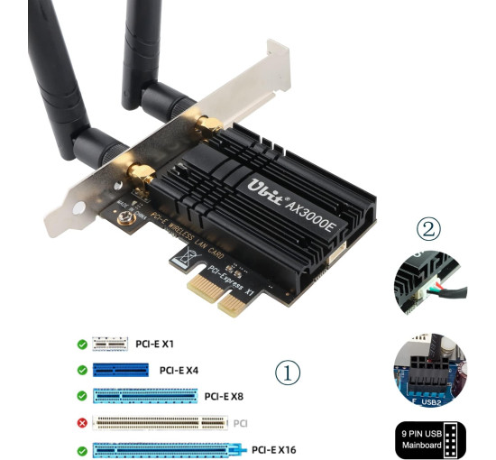 Wi-Fi-карта Ubit WiFi 6 AX3000E PCIE Max 2974 Мбит/с, трёхдиапазонная (my-19004)