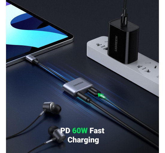 Зарядний пристрій UGREEN USB C на роз'єм 3,5 мм адаптер DAC PD 60 Вт швидка зарядка Type C, сірий
