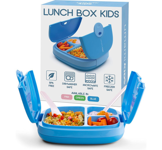 Детский Lunch Box Umami KidsBlue со столовыми приборами, 3 отделения, идеальный размер порций для детей от 4 до 12 лет, синий (my-13109)