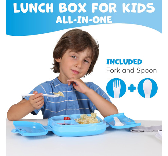 Детский Lunch Box Umami KidsBlue со столовыми приборами, 3 отделения, идеальный размер порций для детей от 4 до 12 лет, синий (my-13109)