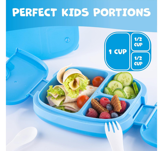 Детский Lunch Box Umami KidsBlue со столовыми приборами, 3 отделения, идеальный размер порций для детей от 4 до 12 лет, синий (my-13109)
