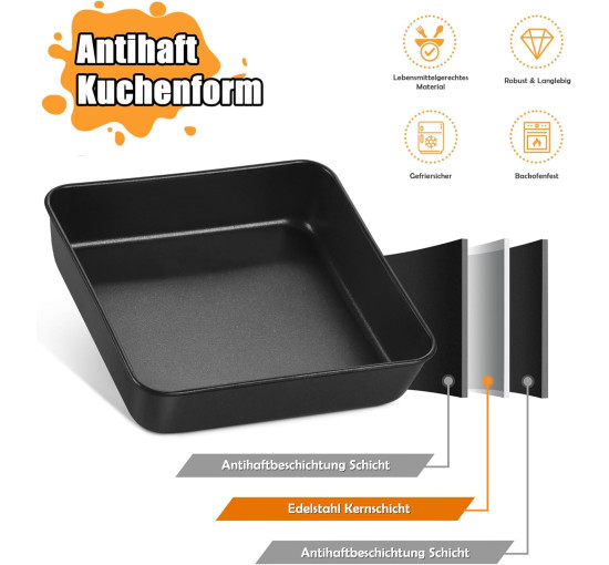 Квадратная форма для запекания Homikit, квадратная форма для торта из нержавеющей стали диаметром 16х16х5см с черным антипригарным покрытием (my-16115)