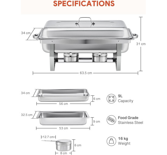 Набір із 2 предметів для фуршету WILPREP Chafing Dish, прямокутний набір із нержавіючої сталі для підігріву їжі, сріблястий (my-13110)