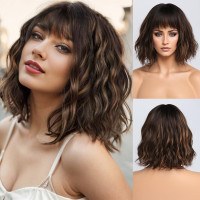 Коротка коричнева перука BESTUNG #3F2E26 коричневий блондин, перука з чубчиком і хвилястим волоссям, природний вигляд 10 дюймів (my-16147)