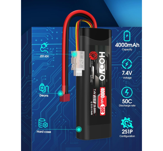 Акумулятор HOOVO 2S 7,4 В 50C 4000 мАг LiPo з Т-подібним штекером для радіокерованих машин 2шт (my-19170)