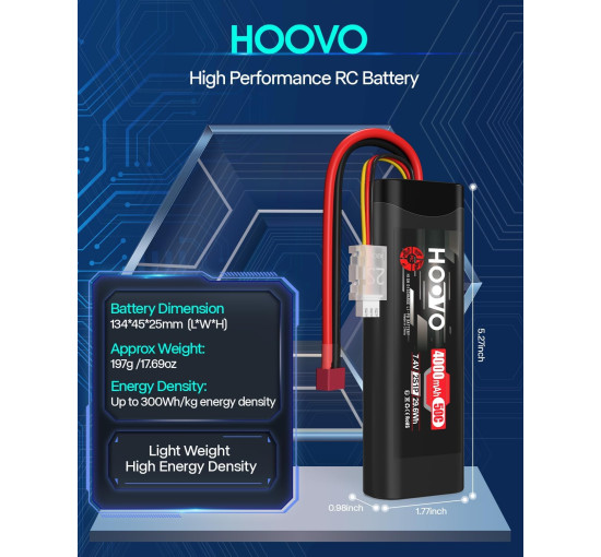 Акумулятор HOOVO 2S 7,4 В 50C 4000 мАг LiPo з Т-подібним штекером для радіокерованих машин 2шт (my-19170)