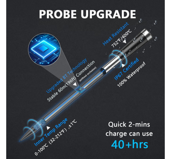 Бездротовий термометр для м'яса BFOUR BF-40G з 2 зондами, РК-дисплеєм (my-19125)