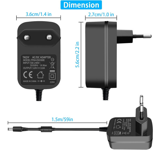 Блок живлення TKDY TP04-050300E 5 В 3 А, 5 В 3 А, 2,5 А, 2 А, 1,5 А, 1 А, 0,5 А, 0,3 А, чорний (my-19177)