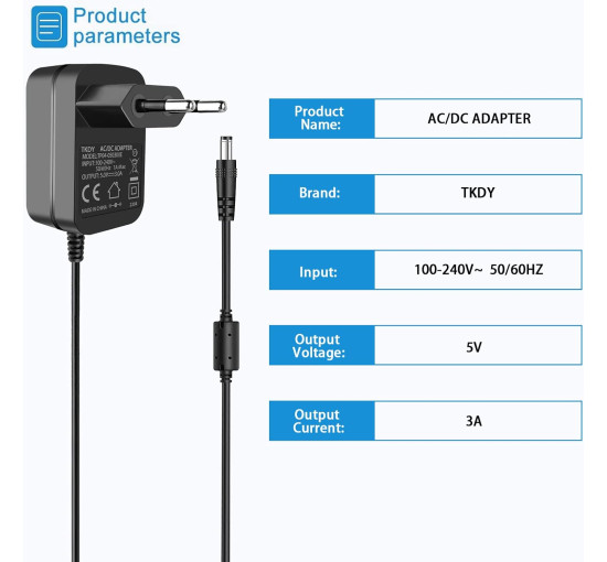 Блок живлення TKDY TP04-050300E 5 В 3 А, 5 В 3 А, 2,5 А, 2 А, 1,5 А, 1 А, 0,5 А, 0,3 А, чорний (my-19177)