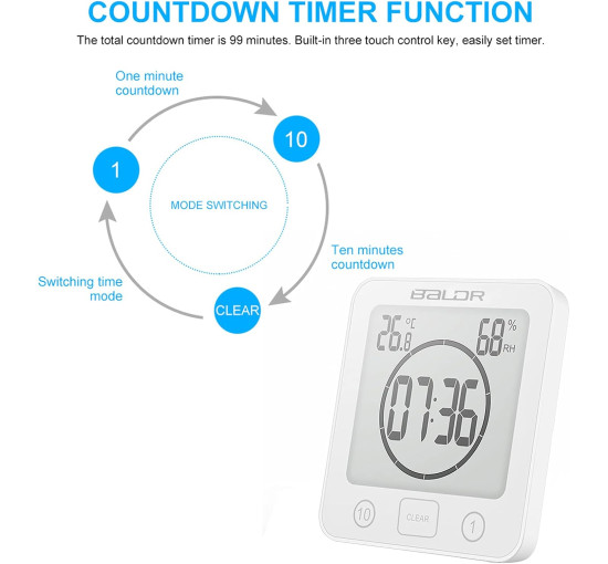 Годинники для ванної кімнати ALLOMN з будильником, водонепроникні, сенсорне управління, білий (my-19155)