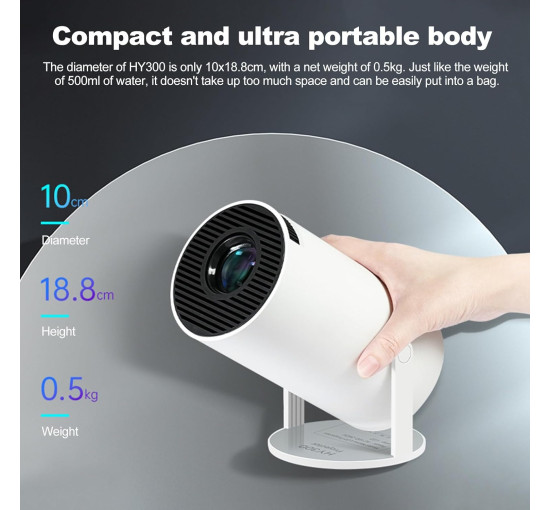 Міні-проектор BESSVWELL HY300, 4K UHD, Android 11, Wi-Fi 6, Bluetooth 5.0, білий (my-19124)