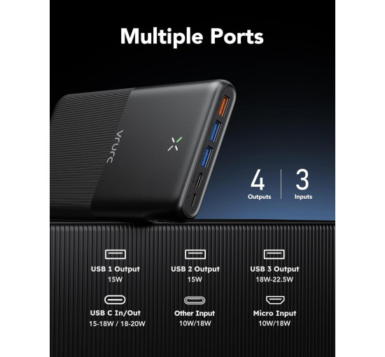 Портативное зарядное устройство VRURC T3016 Power Bank 30000 мАч, быстрая зарядка 20 Вт, черный (my-19142)