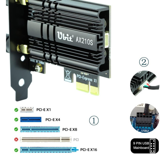 Сетевая карта Ubit AX210S PCIe WiFi 6E Макс. скорость 5374 Мбит/с (my-19099)