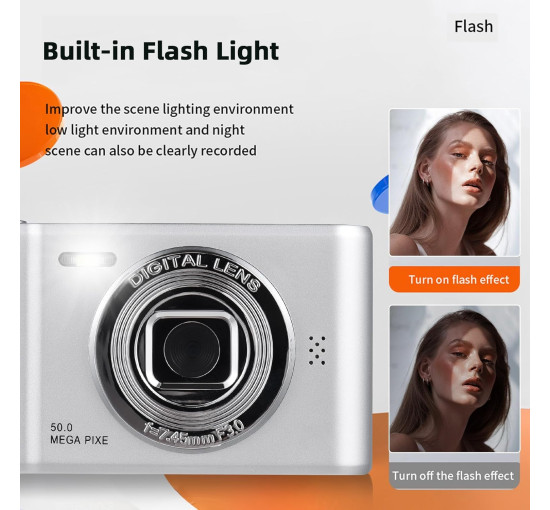 Цифровая камера Generic 1080P, 50-мегапиксельная камера с двумя объективами, 2,4-дюймовым экраном, серебристый (my-19196)