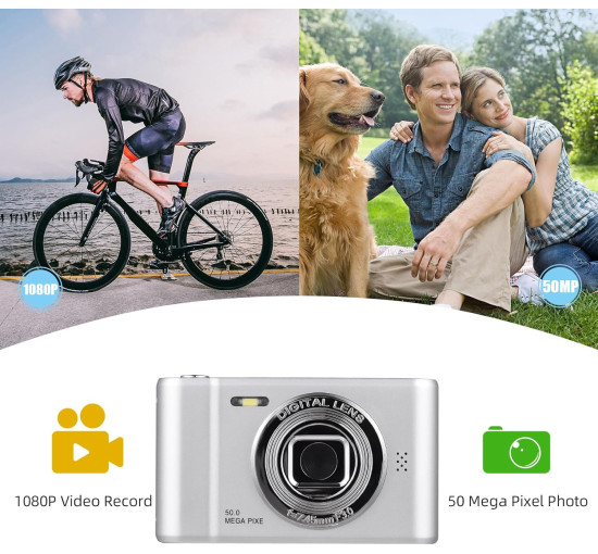 Цифровая камера Generic 1080P, 50-мегапиксельная камера с двумя объективами, 2,4-дюймовым экраном, серебристый (my-19196)