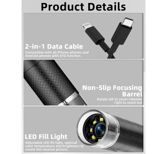 Цифровий USB-мікроскоп SinLaw SJXWJ-001, з 10-кратним збільшенням (200x), iOS, Android, чорний (my-19179)