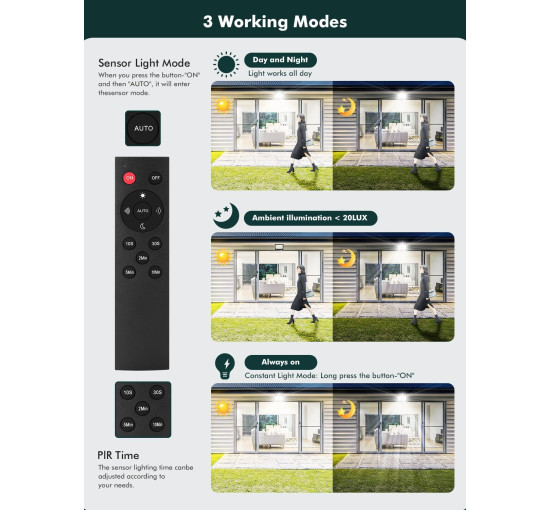 Уличное освещение Litglobe с датчиком движения, 100 Вт, свет 6500 К, с дистанционным управлением (my-19146)