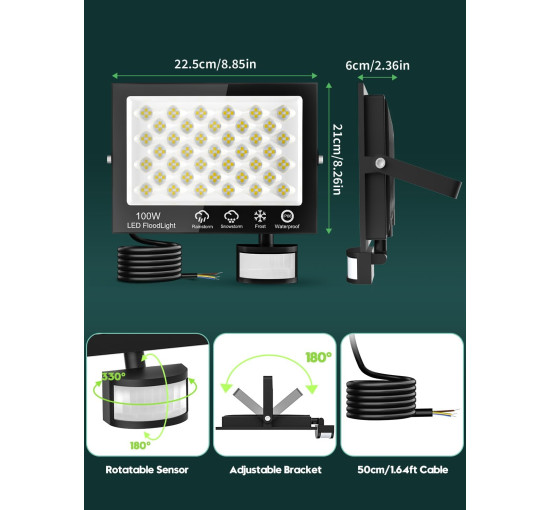 Уличное освещение Litglobe с датчиком движения, 100 Вт, свет 6500 К, с дистанционным управлением (my-19146)