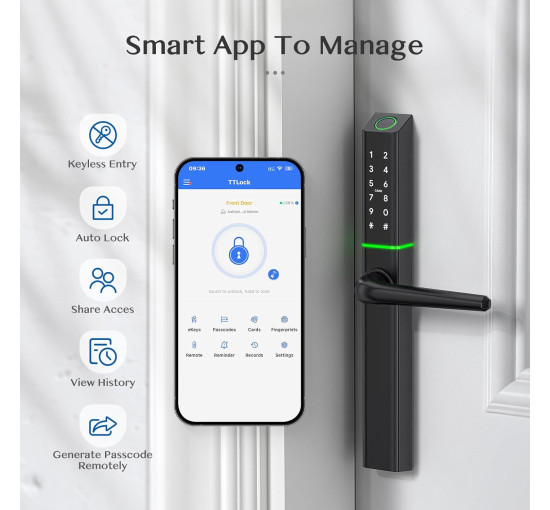 Розумний замок дверей Ruveno RUS3 з ручкою, безключовий доступ по відбитку пальця (my-19118)