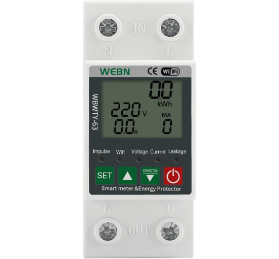 Розумний лічильник електроенергії WEBN OPWTY-63 WiFi, однофазний, з DIN-рейкою, 63 А, 230 В (my-19168) Розумний лічильник електроенергії WEBN OPWTY-63 WiFi, однофазний, з DIN-рейкою, 63 А, 230 В (my-19168)