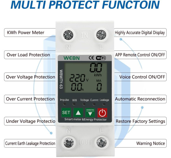 Розумний лічильник електроенергії WEBN OPWTY-63 WiFi, однофазний, з DIN-рейкою, 63 А, 230 В (my-19168)