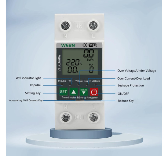 Розумний лічильник електроенергії WEBN OPWTY-63 WiFi, однофазний, з DIN-рейкою, 63 А, 230 В (my-19168)