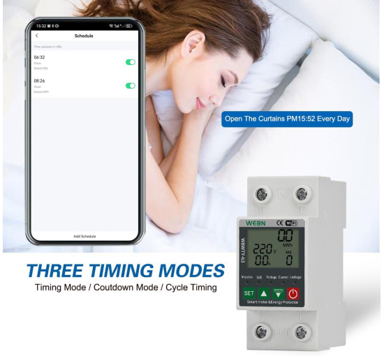 Розумний лічильник електроенергії WEBN OPWTY-63 WiFi, однофазний, з DIN-рейкою, 63 А, 230 В (my-19168)