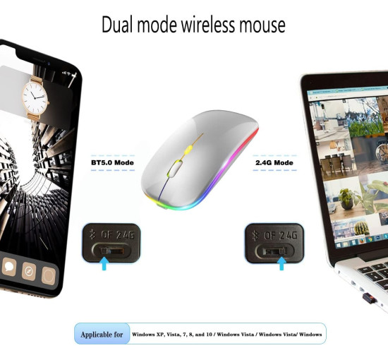 Бездротова Bluetooth-миша WREANU, зі світлодіодним підсвічуванням, безшумна, USB-приймач BT5.2 та 2.4G, срібляста (my-20061)