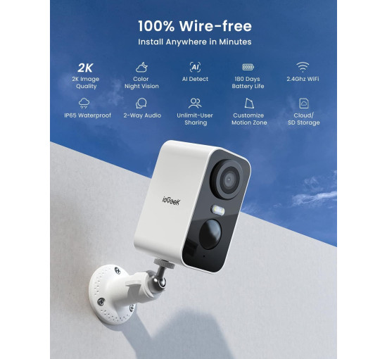 Бездротова вулична камера відеоспостереження ieGeek ZS-GX3S, 2K, 3 МП, живлення від акумулятора, Wi-Fi, білий (my-20054)