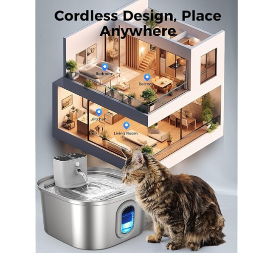 Бездротовий фонтан для кішок Papettly, 3,2 л, з нержавіючої сталі (my-20102)