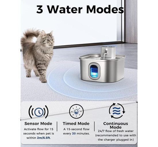 Бездротовий фонтан для кішок Papettly, 3,2 л, з нержавіючої сталі (my-20102)