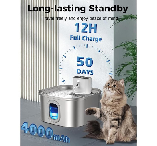 Бездротовий фонтан для кішок Papettly, 3,2 л, з нержавіючої сталі (my-20102)