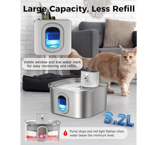 Бездротовий фонтан для кішок Papettly, 3,2 л, з нержавіючої сталі (my-20102)
