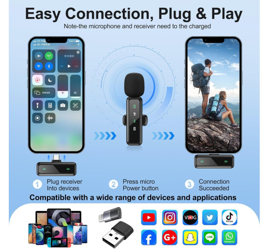 Бездротовий петличний мікрофон Mini Mic Pro H63 для iPhone та Android, чорний (my-20167)