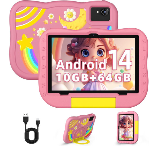 Дитячий планшет Rebecco K70i 10 дюймів Android 14 Octa-Core 6000 мАг акумулятор 10 ГБ ОЗУ 64 ГБ ПЗУ, рожевий (my-20027)