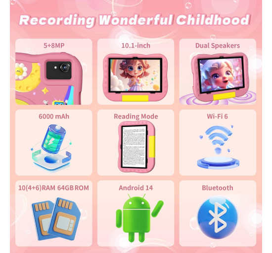 Дитячий планшет Rebecco K70i 10 дюймів Android 14 Octa-Core 6000 мАг акумулятор 10 ГБ ОЗУ 64 ГБ ПЗУ, рожевий (my-20027)