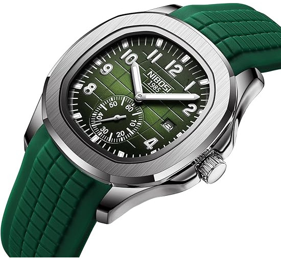 Дизайнерские кварцевые  часы NIBOSI US2653, аналоговые военные часы с календарем, зеленый (my-20063)