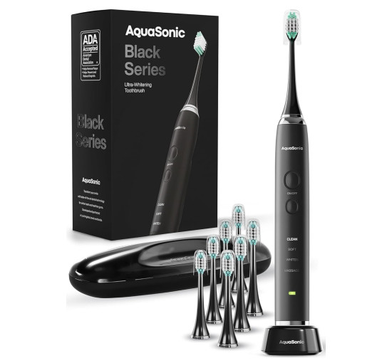 Электрическая зубная щетка Aquasonic SCTB Black Series, 8 насадок и дорожный футляр, 4 режима с умным таймером (my-20014)