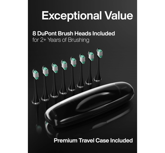 Электрическая зубная щетка Aquasonic SCTB Black Series, 8 насадок и дорожный футляр, 4 режима с умным таймером (my-20014)