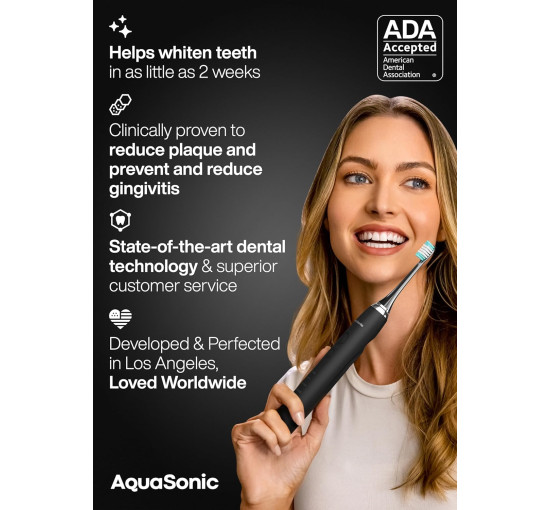 Электрическая зубная щетка Aquasonic SCTB Black Series, 8 насадок и дорожный футляр, 4 режима с умным таймером (my-20014)