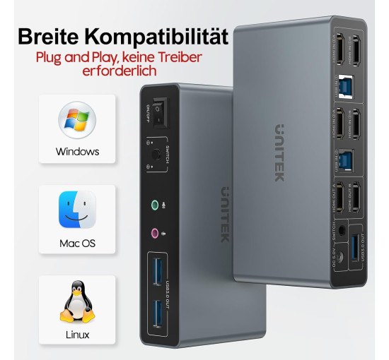 HDMI-KVM-перемикач Unitek SJW-KM202B для 2 моніторів та 2 комп'ютерів, 4K при 144 Гц (my-20140)