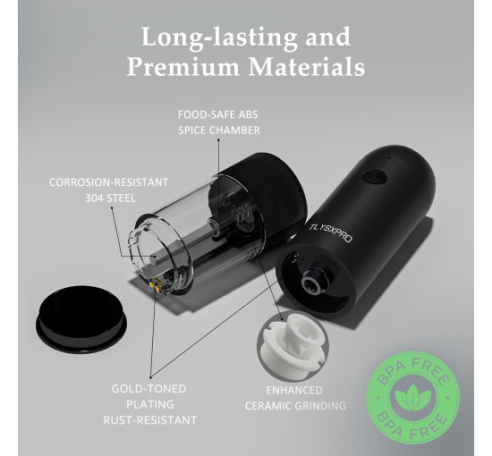 Набор электрических мельниц TLYSXPRO PM-003A для соли и перца, зарядка через USB, черный (my-20139)