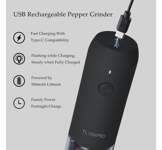 Набор электрических мельниц TLYSXPRO PM-003A для соли и перца, зарядка через USB, черный (my-20139)