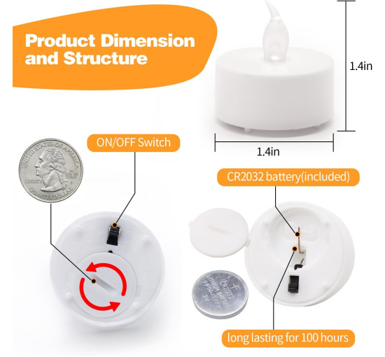 Набір із 24 теплих жовтих світлодіодних чайних свічок KOABY HY-TL-H001, цоколь B10 (my-20053)