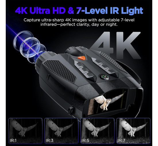 Очки ночного видения ROQIOO N326 4K, экран IPS, тактический бинокль с камерой, черный (my-20003)