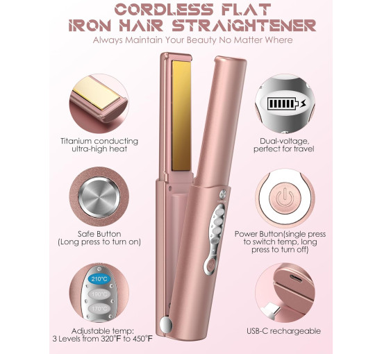 Портативный беспроводной титановый выпрямитель для волос URJD YL-011, работает до 50 минут, USB-C, розовое золото (my-20032)