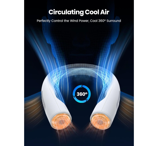 Портативний шийний вентилятор Warmco N1, 10000 мА·год, 4-швидкісний, білий (my-20033)